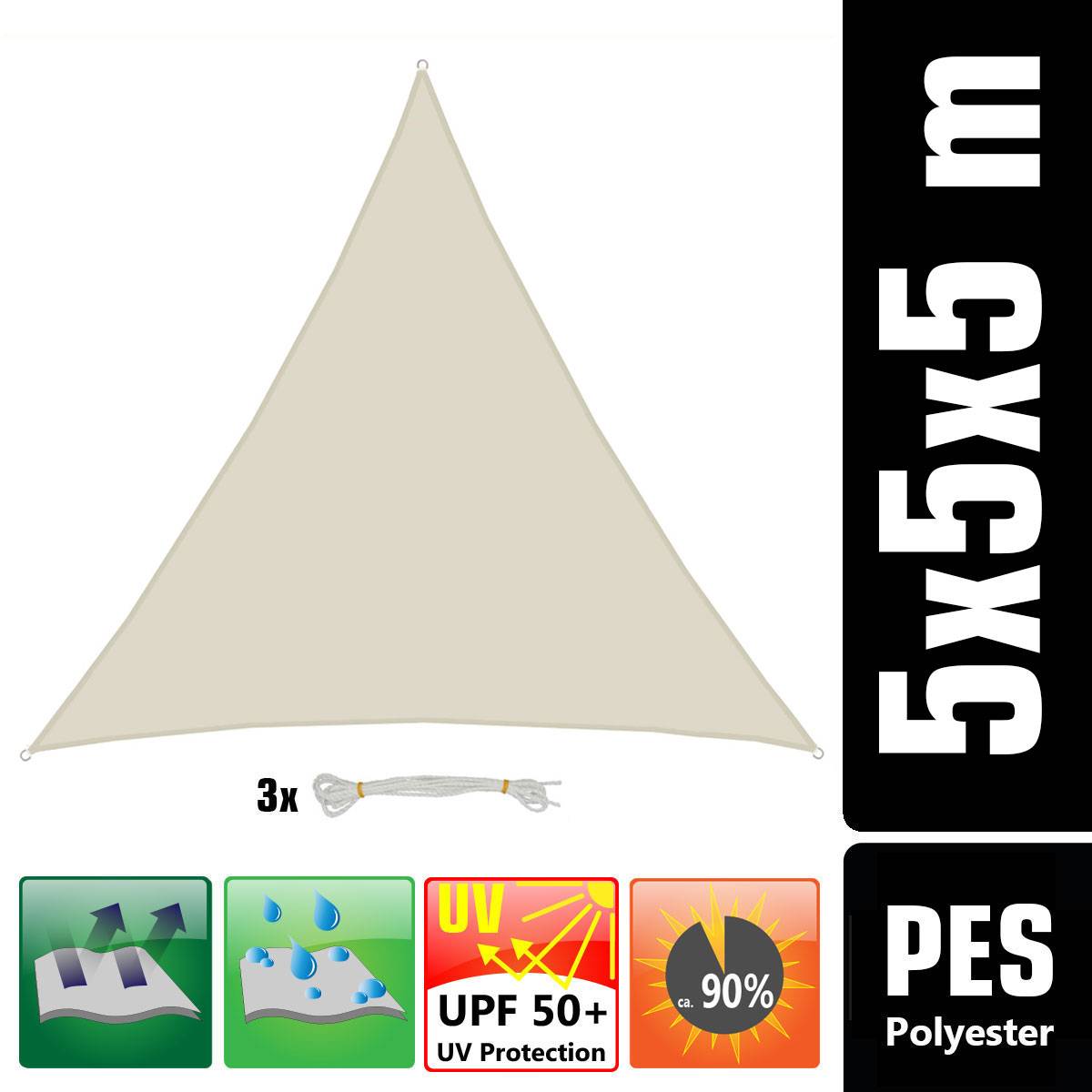 5x5x5 Sonnensegel Dreieckig Wasserdicht - Sonnenschutz Segel Set mit Befestigung
