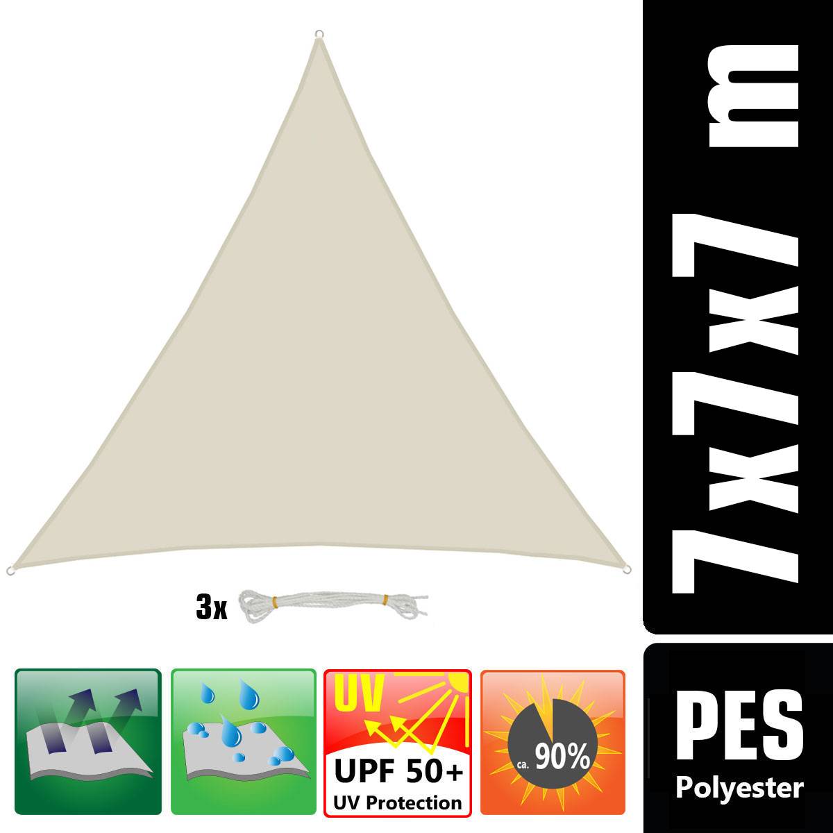 7x7x7 Sonnensegel Dreieckig Wasserdicht - Sonnenschutz Segel Set mit Befestigung