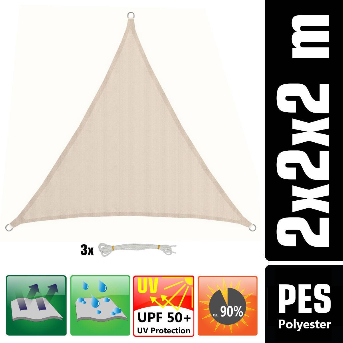 2x2x2 Sonnensegel Dreieckig Wasserdicht - Sonnenschutz Segel Set mit Befestigung