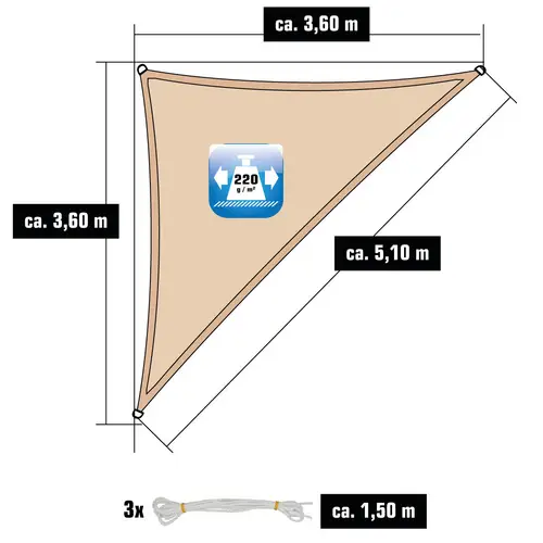 3,6x3,6x5,1 Sonnensegel Dreieckig Atmungsaktiv - Dreieck Segel mit Befestigung 3,6x3,6x5,1 Sonnensegel Dreieckig Atmungsaktiv - Dreieck Segel mit Befestigung