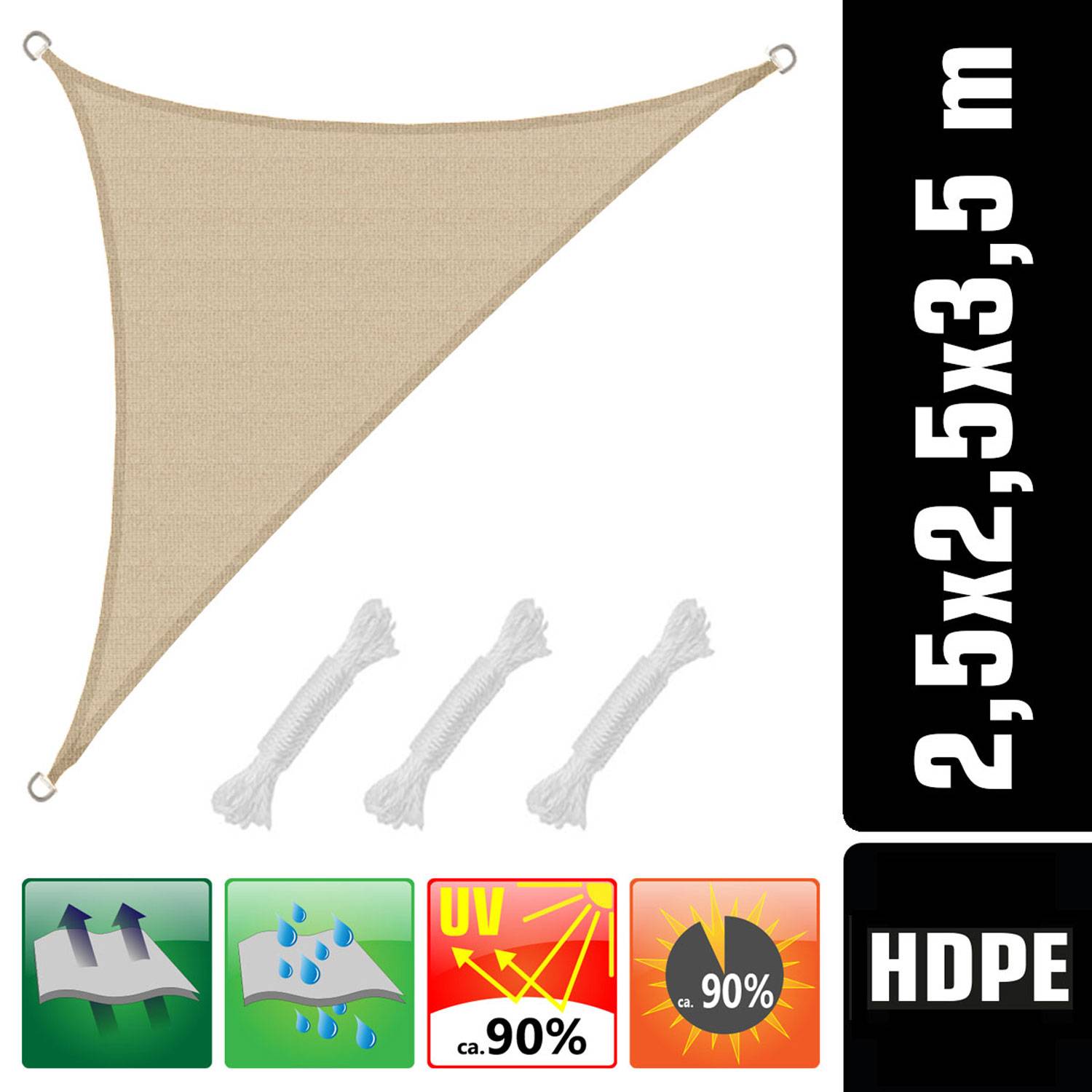 2,5x2,5x3,5 Sonnensegel Dreieckig Atmungsaktiv - Dreieck Segel mit Befestigung