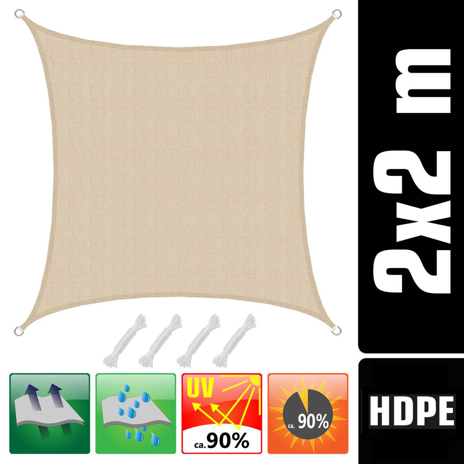 UV Sonnensegel 2x2 m HDPE Quadrat Sonnenschutz Überdachung Garten Balkon Beige