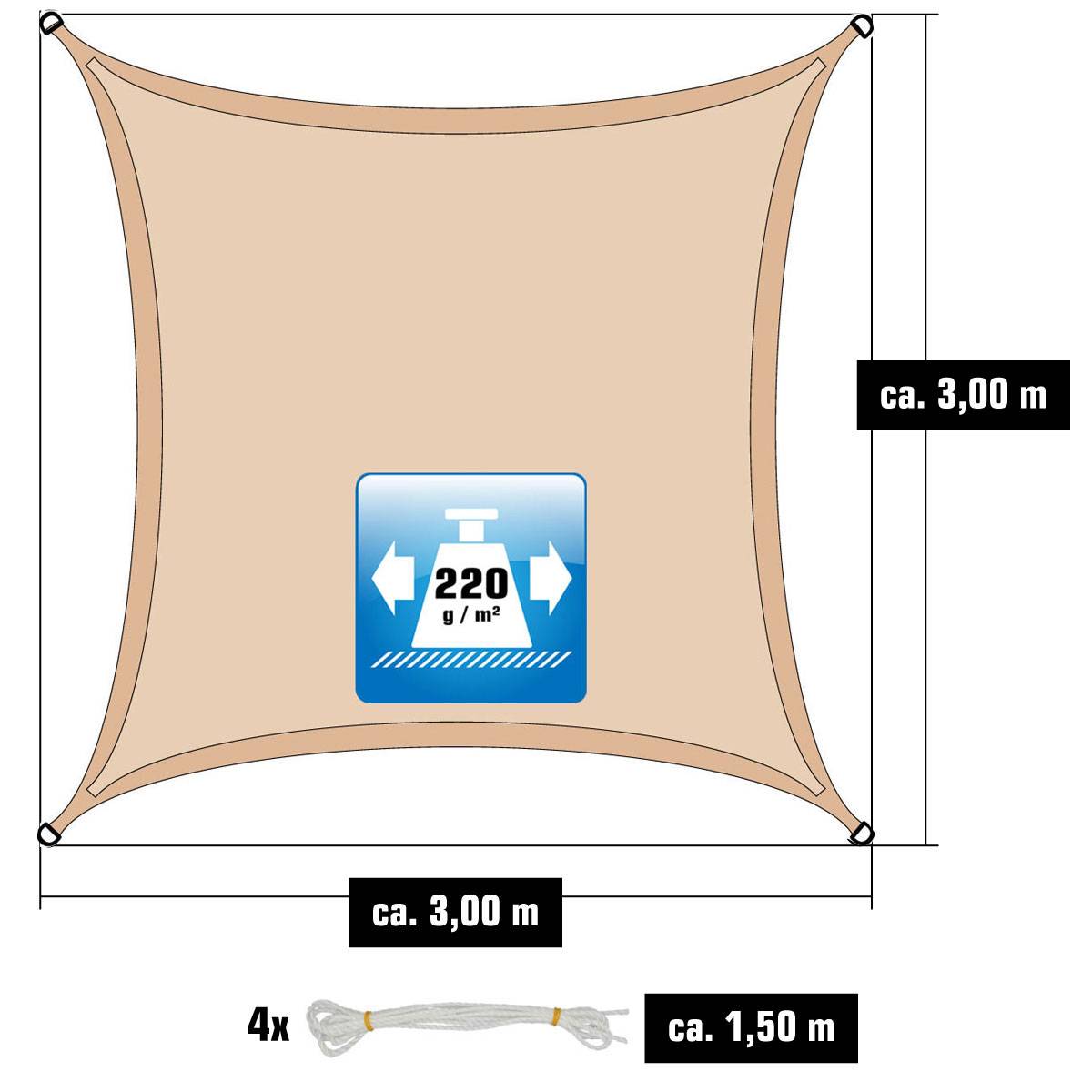 3x3 UV Sonnensegel Viereckig Atmungsaktiv - Sonnenschutz Segel mit Befestigung