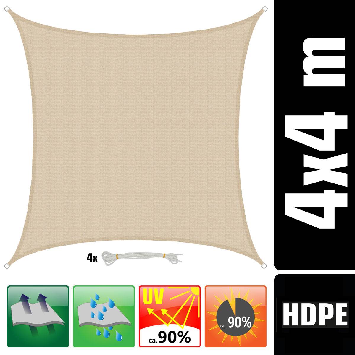 4x4 UV Sonnensegel Viereckig Atmungsaktiv - Sonnenschutz Segel mit Befestigung