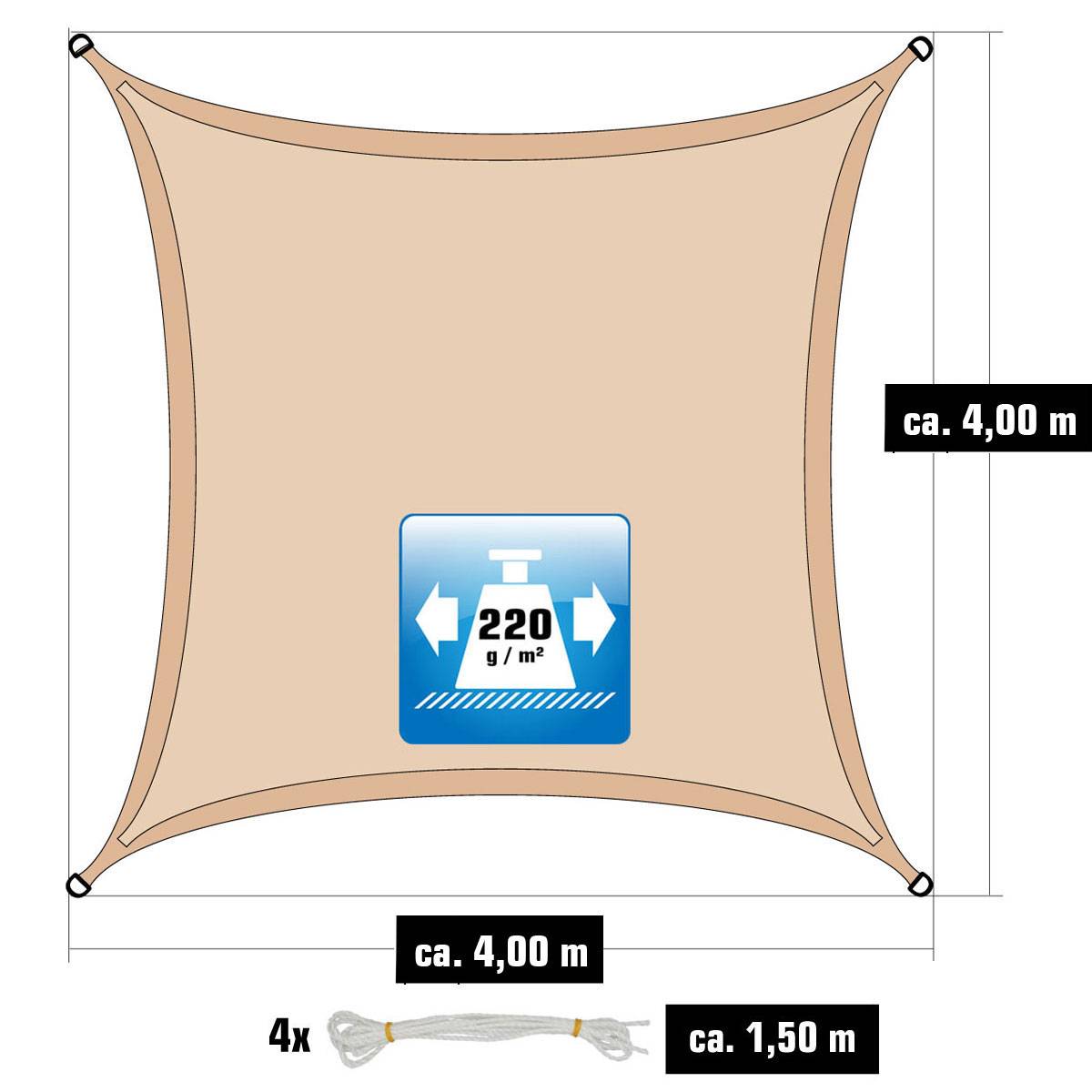 4x4 UV Sonnensegel Viereckig Atmungsaktiv - Sonnenschutz Segel mit Befestigung