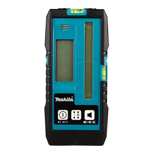 Makita-Lasernivelliergerät in Blaugrün und Schwarz, mit Wasserwaage und Bedienungstasten auf der Vorderseite.