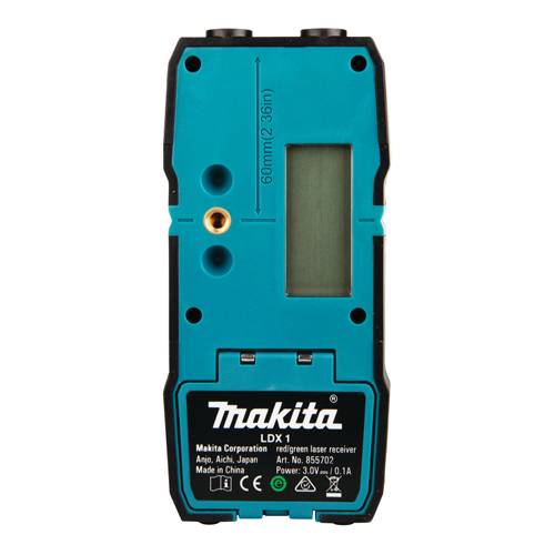 Frontansicht eines Makita LDX1 Rotlaser-Empfängers mit LCD-Display, Befestigungsloch und 60 mm/2,36 Zoll Messskala.