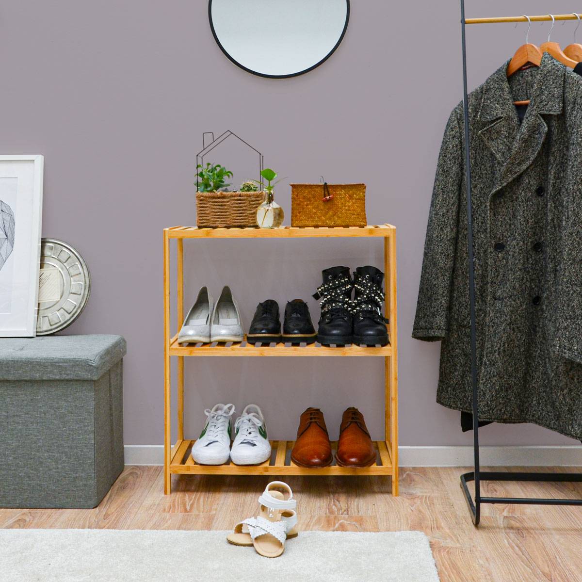 Bambus Schuhregal - 69x60x26cm Holz Regal für Badezimmer Küche Flur Schuhschrank