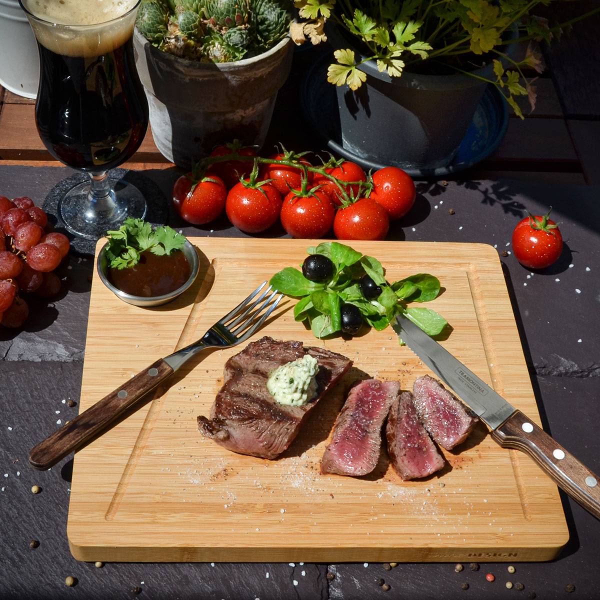 2er-Set Bambus-Servierbrett + Dip-Schale 30x25cm Holz-Steak-Teller Speiseteller