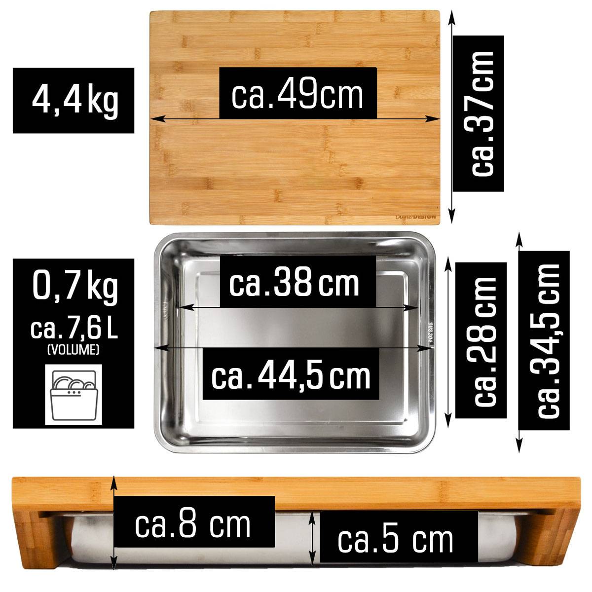 Bambus Schneidebrett - 49x37x8 cm mit Edelstahl Auffangschale - Holz Brett Natur