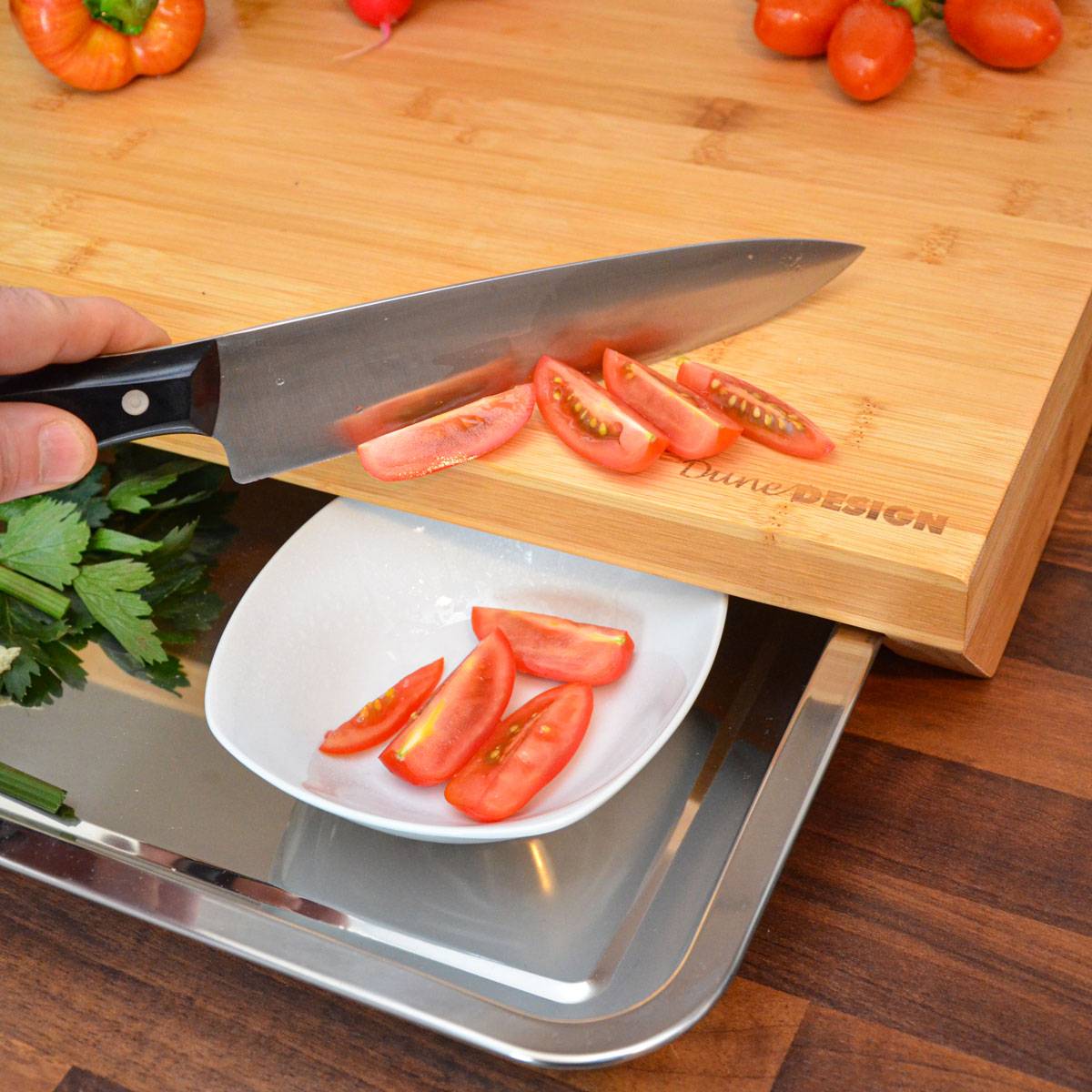 Bambus Schneidebrett - 49x37x8 cm mit Edelstahl Auffangschale - Holz Brett Natur