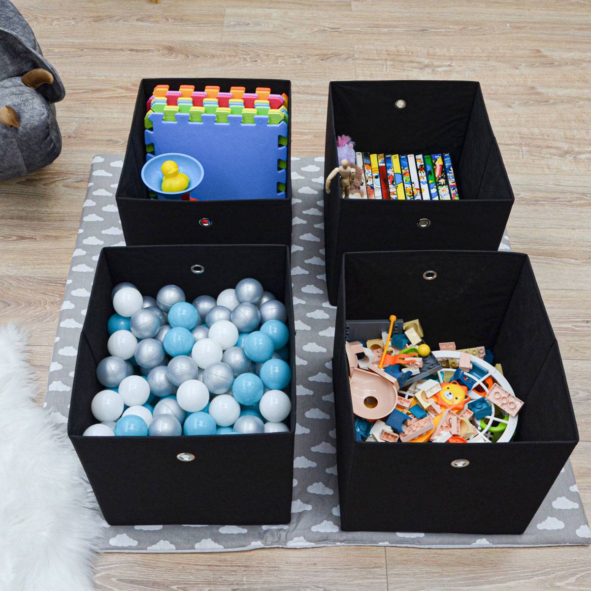 4er Set Aufbewahrungsbox für Kallax Regal 33x38x33 mit Öse Faltbox Schwarz