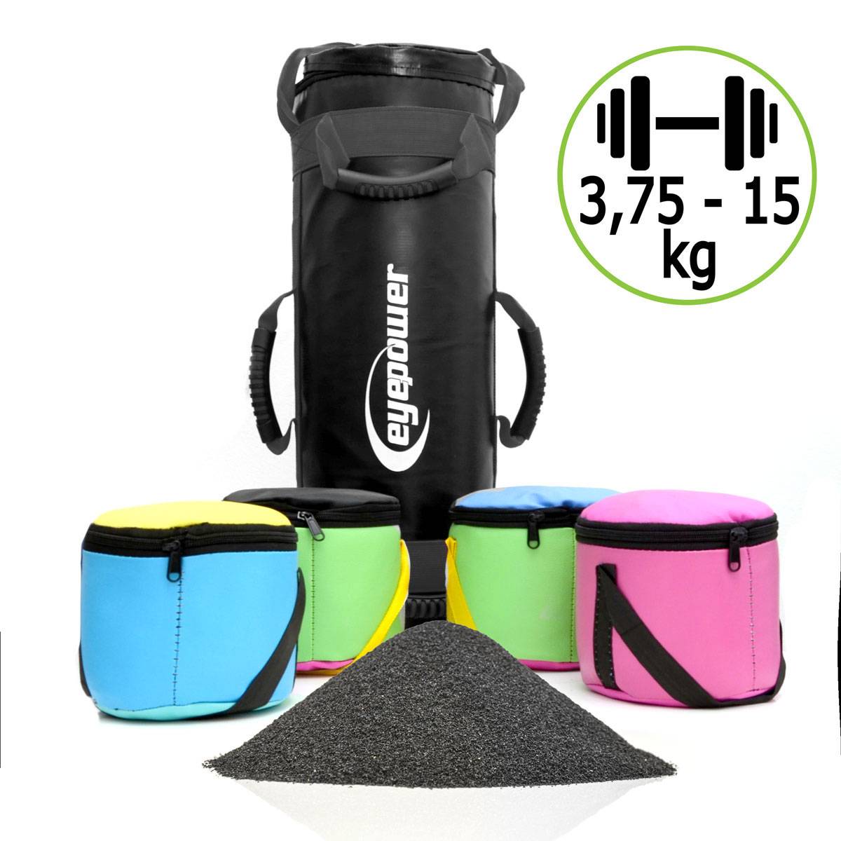 15kg Power Bag mit 4 Kettlebell Gewichten - 18x50 Home Training Sandbag 6 Griffe