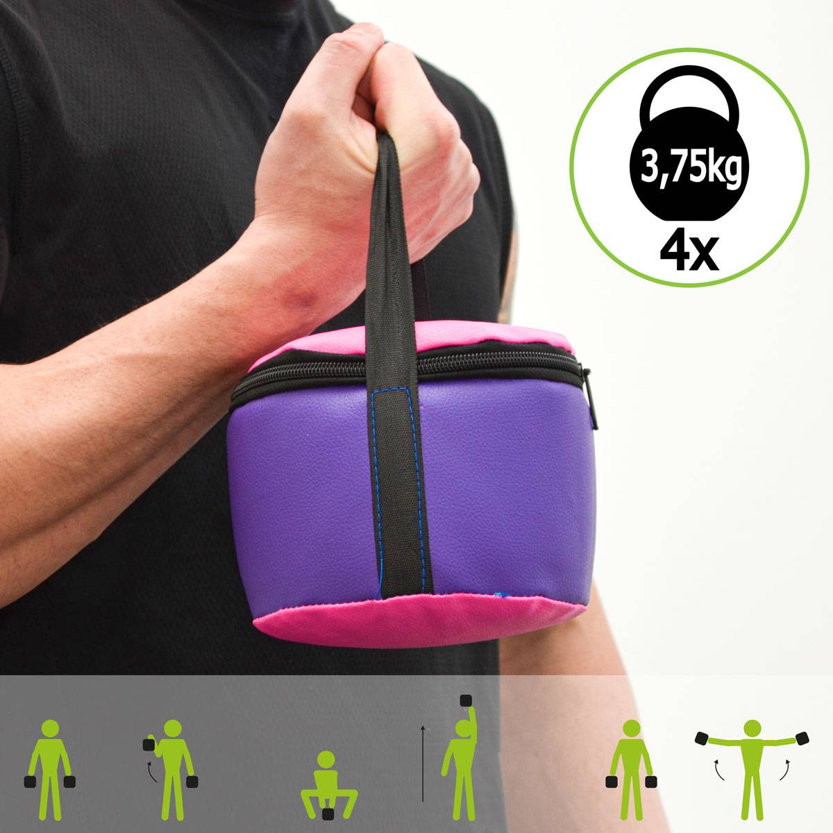 15kg Power Bag mit 4 Kettlebell Gewichten - 18x50 Home Training Sandbag 6 Griffe