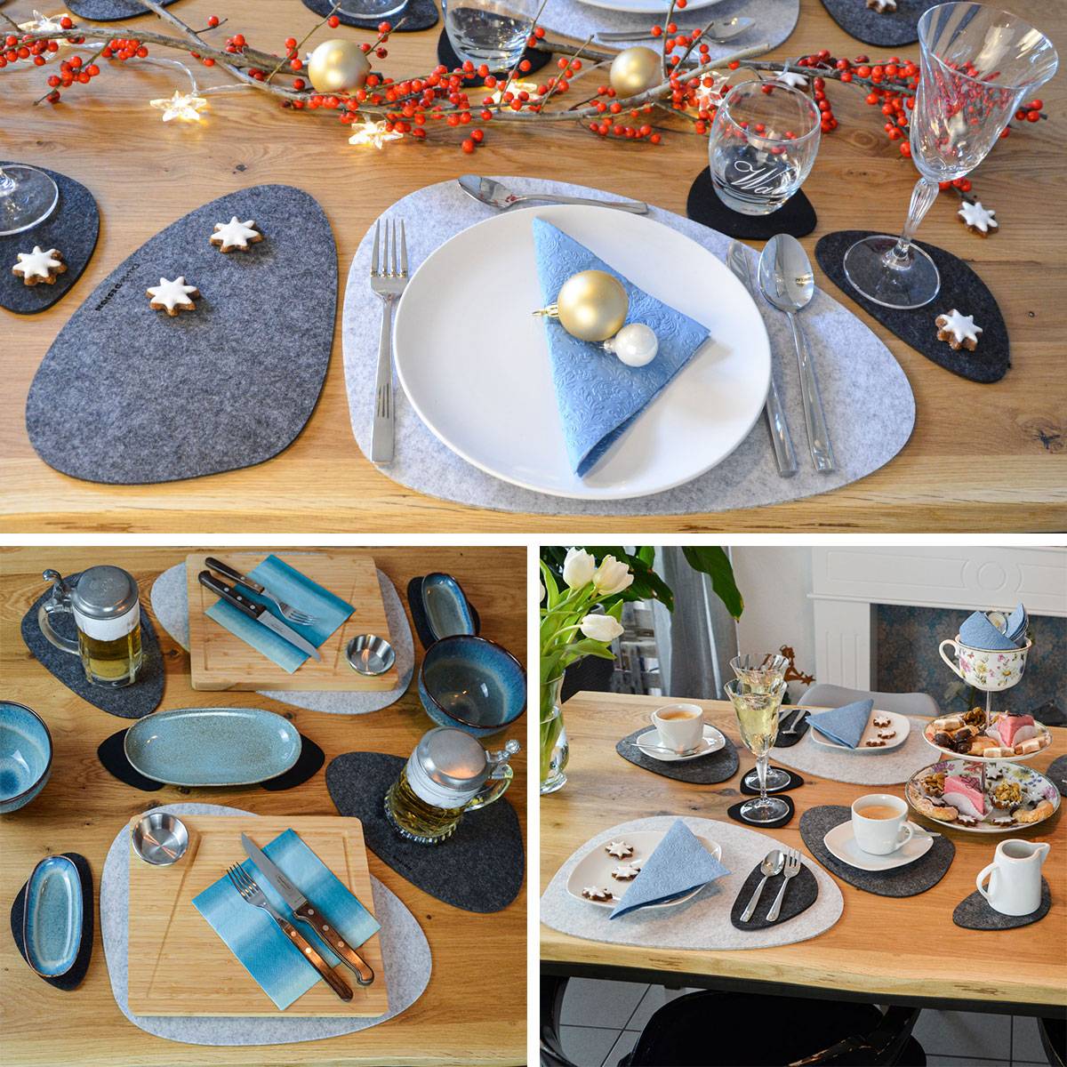 16er Flusskiesel Tischset Filz Platzset Untersetzer für 4 Abwaschbar Hitzefest