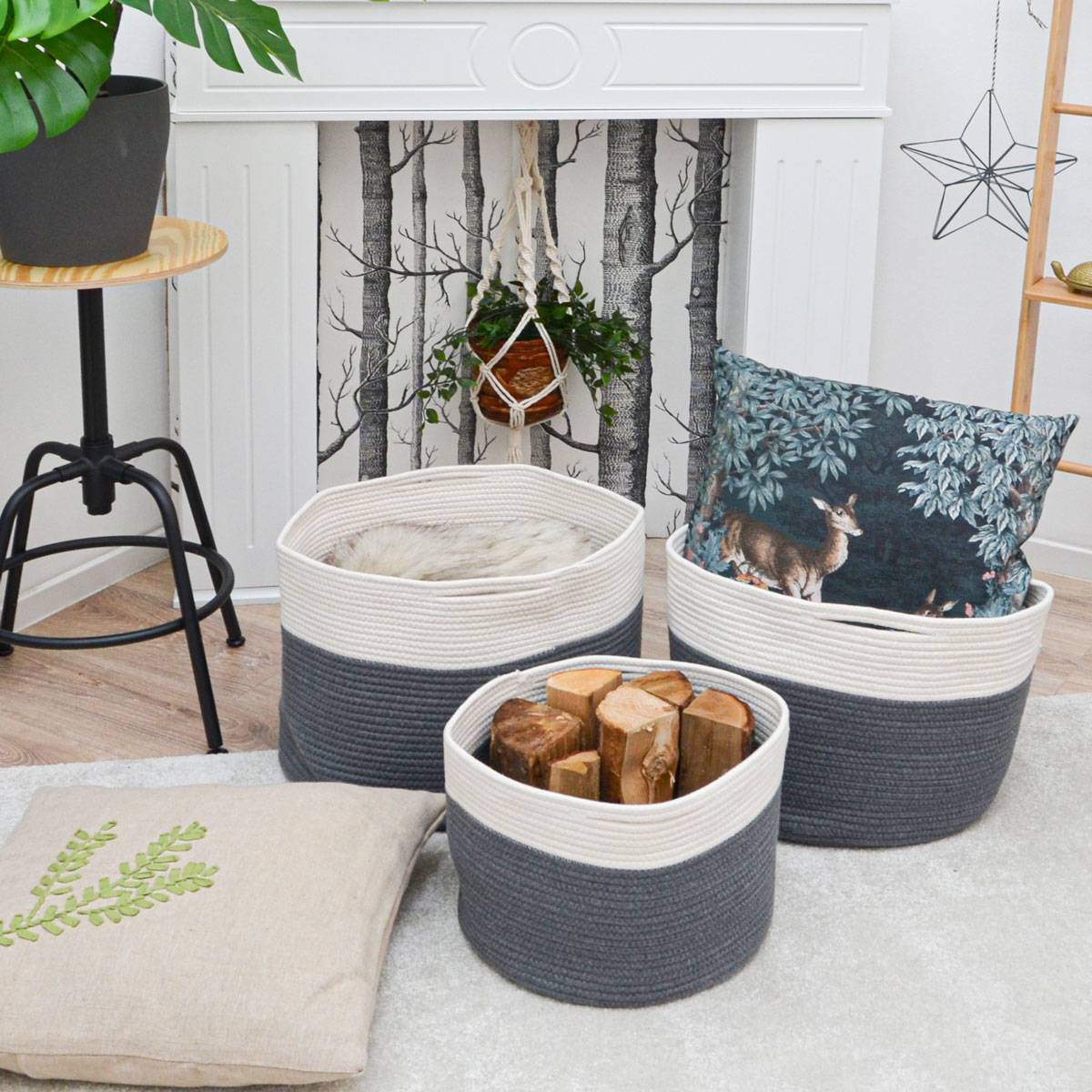 3er Baumwoll Seilkorb Set Boho Aufbewahrungskorb Wäschekorb Kinderzimmer rund