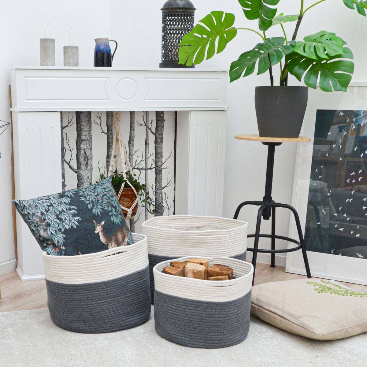 3er Baumwoll Seilkorb Set Boho Aufbewahrungskorb Wäschekorb Kinderzimmer rund