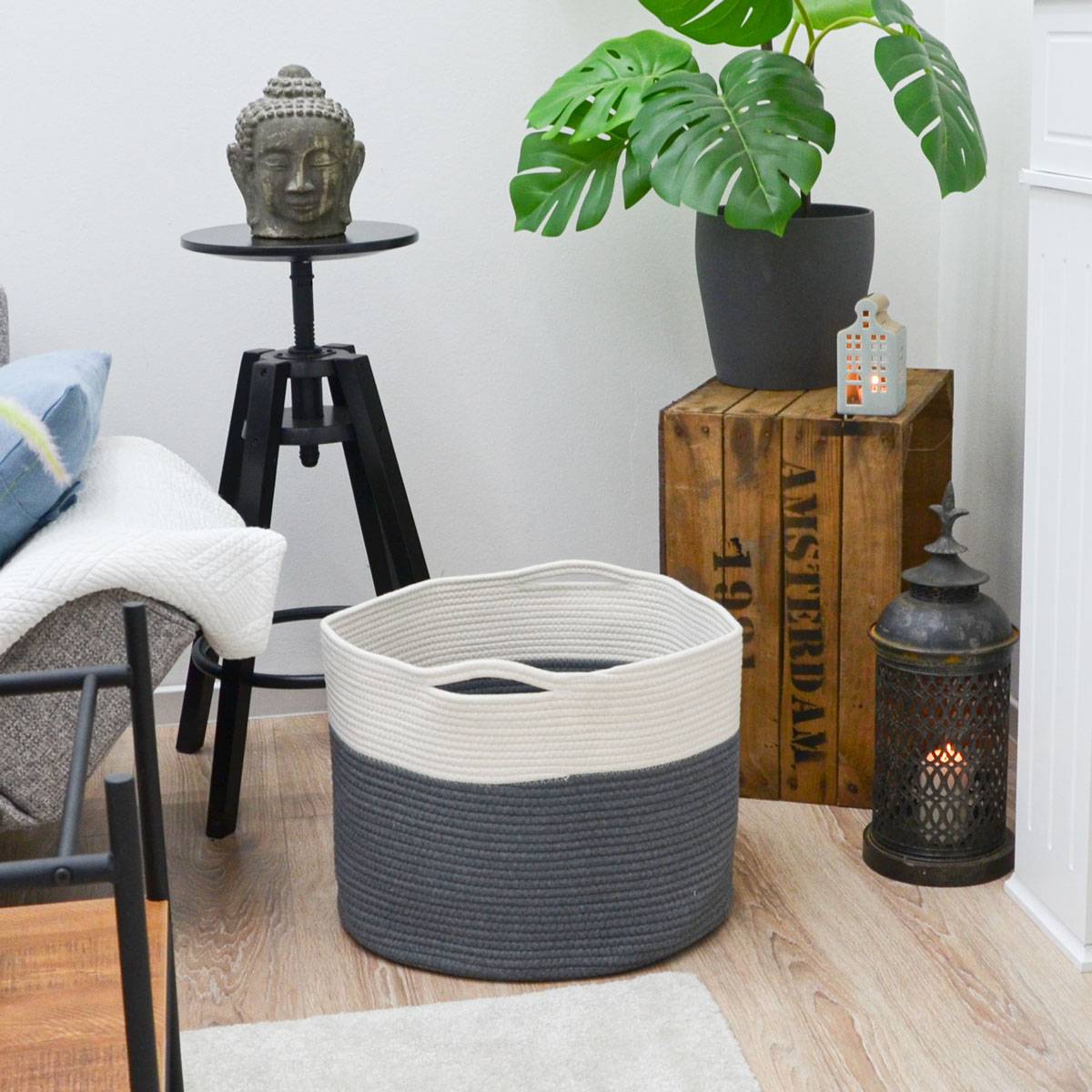 Ø43x33 Baumwoll Seilkorb 45L Aufbewahrungskorb Boho Wäschekorb Kinderzimmer Korb