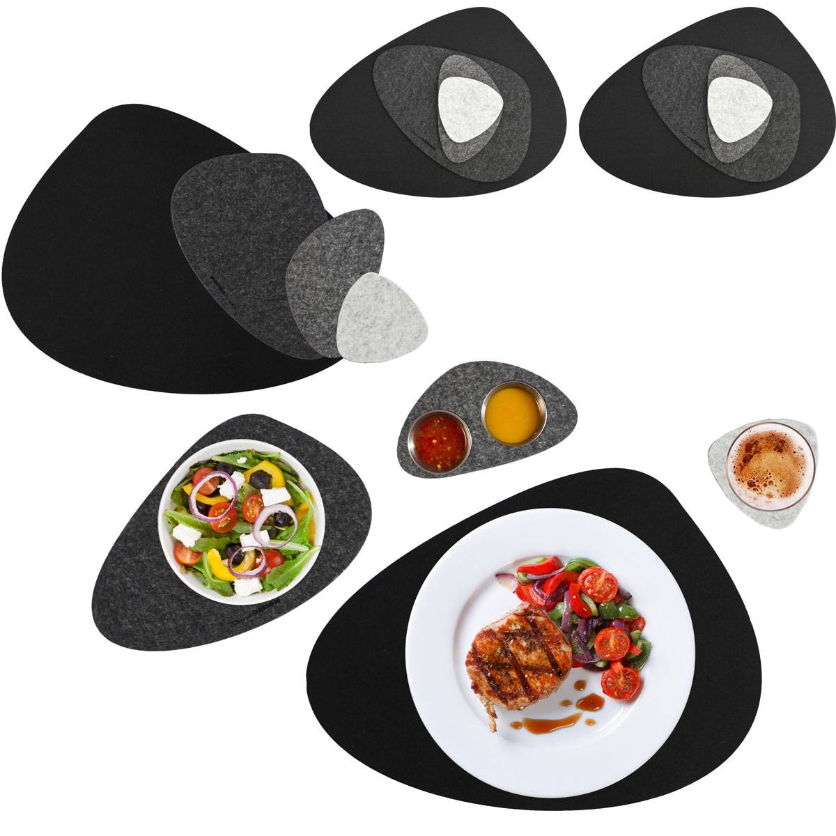 Flusskiesel Tischset Filz 16 Teile Platzset + Untersetzer für 4 Abwaschbar Grau