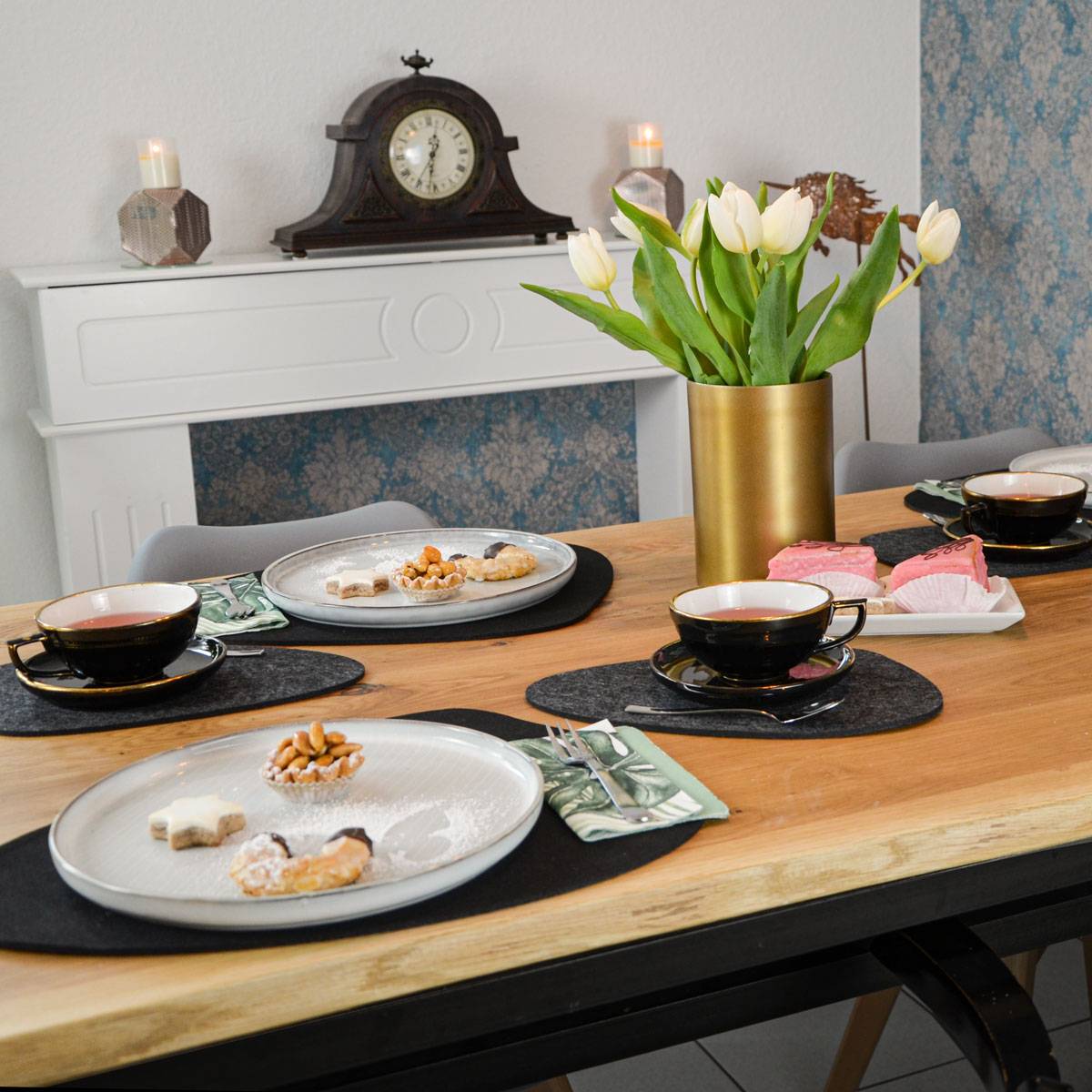 Flusskiesel Tischset Filz 16 Teile Platzset + Untersetzer für 4 Abwaschbar Grau