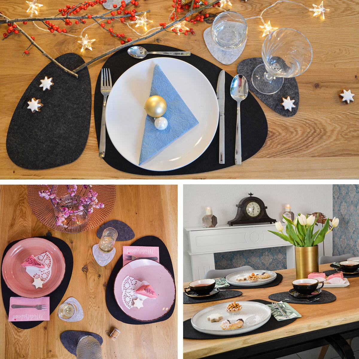 Flusskiesel Tischset Filz 16 Teile Platzset + Untersetzer für 4 Abwaschbar Grau