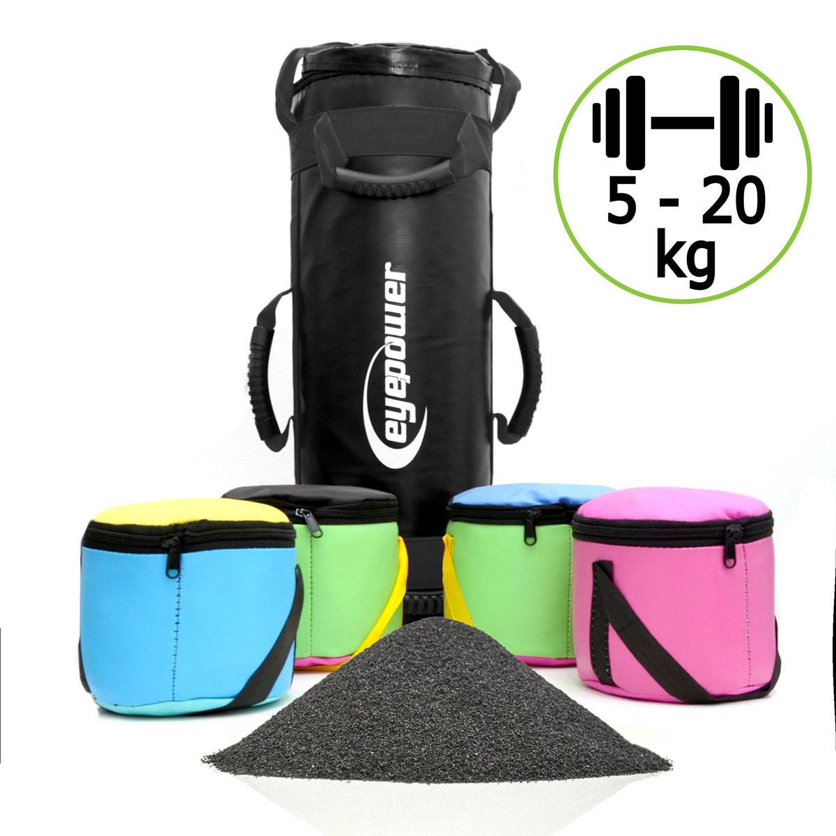 20kg Power Bag mit 4 Kettlebell Gewichten - 20x60 Home Training Sandbag 6 Griffe