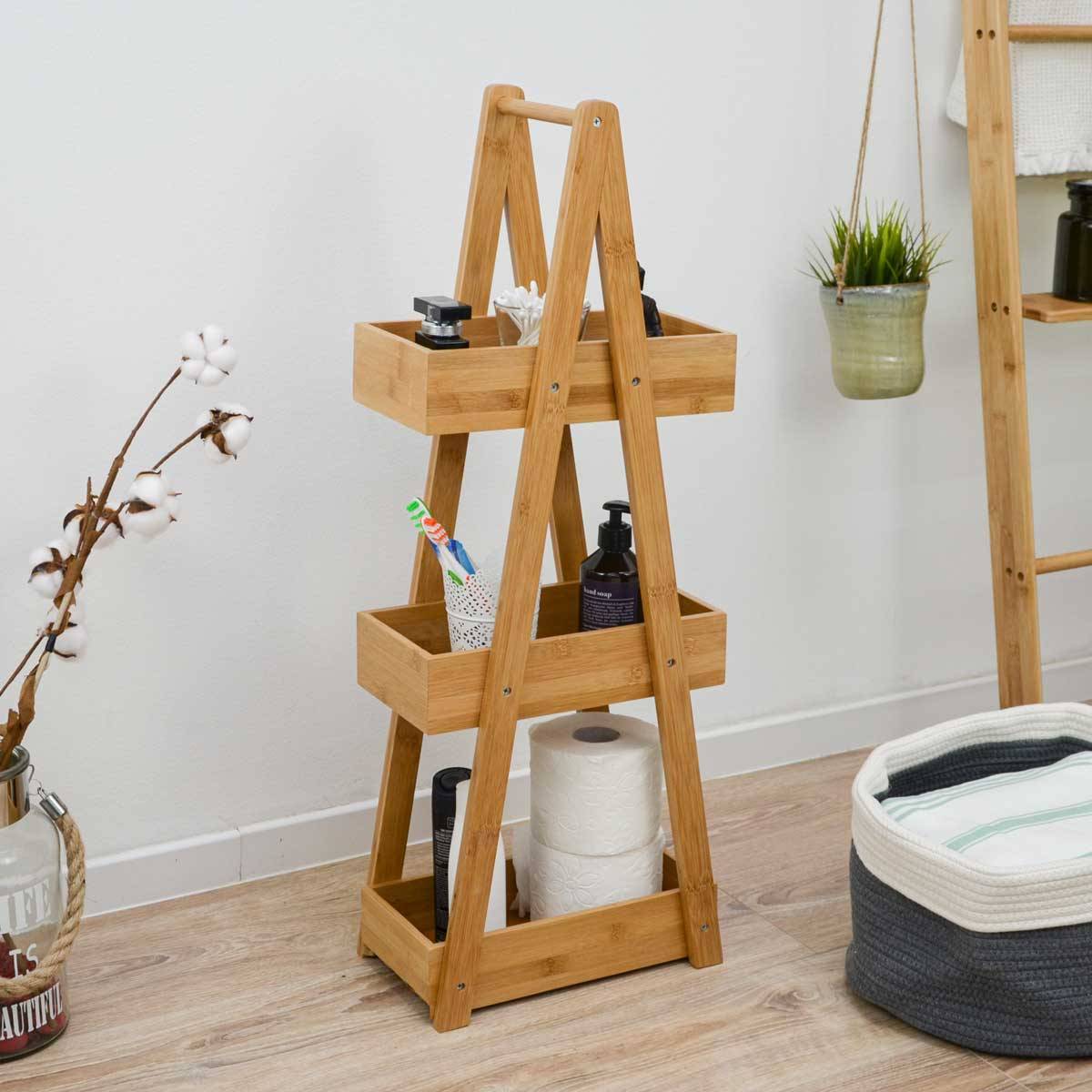 100% Bambus Badregal mit 3 Körben 30x18x80 Küche Bad WC Holz Regal Badezimmer