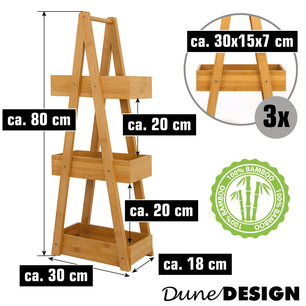 100% Bambus Badregal mit 3 Körben 30x18x80 Küche Bad WC Holz Regal Badezimmer