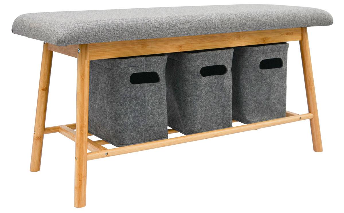 Nordic Sitzbank mit 3 Filzkörben 90x34x44 Bambus Schuhbank Holz Bank für Flur
