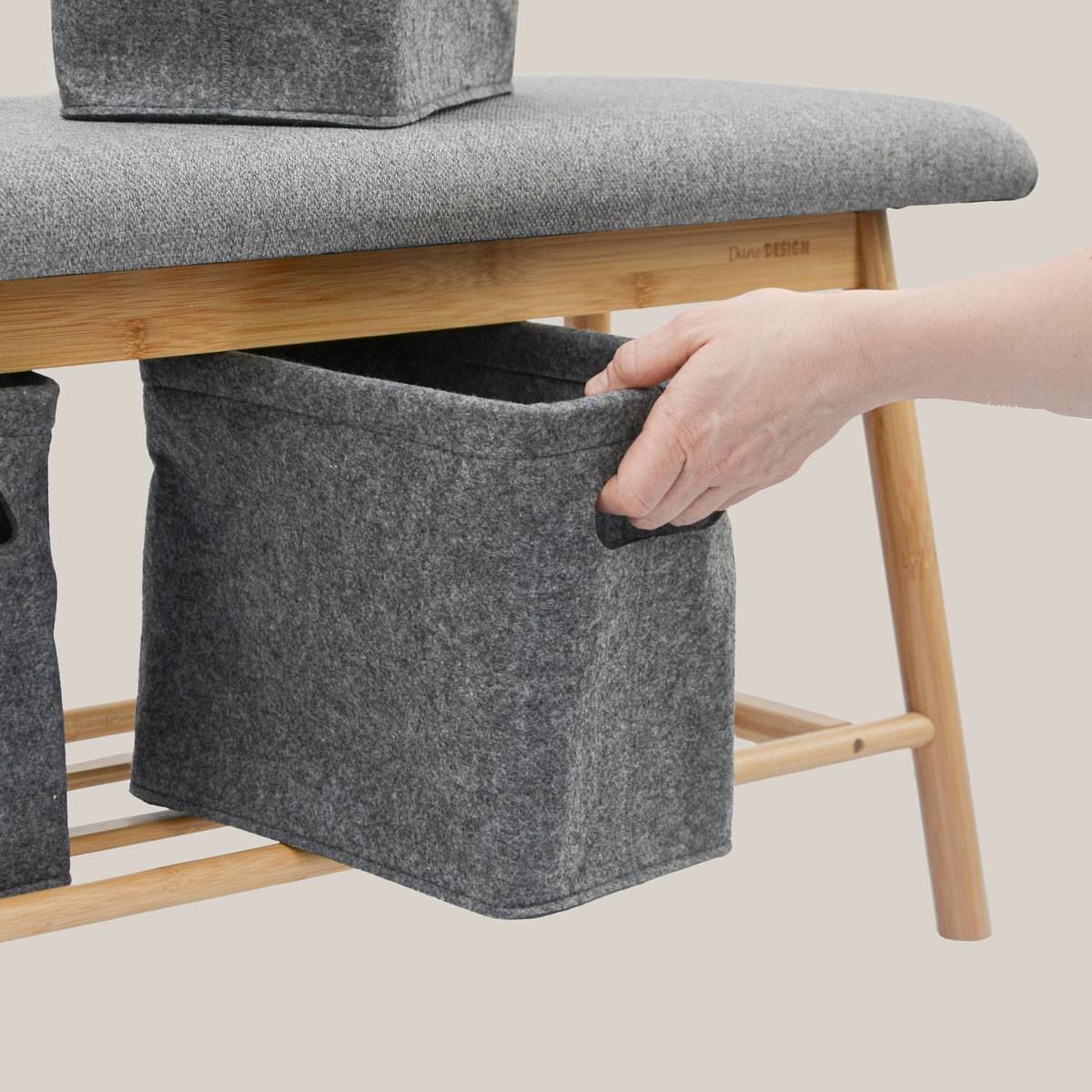 Nordic Sitzbank mit 3 Filzkörben 90x34x44 Bambus Schuhbank Holz Bank für Flur