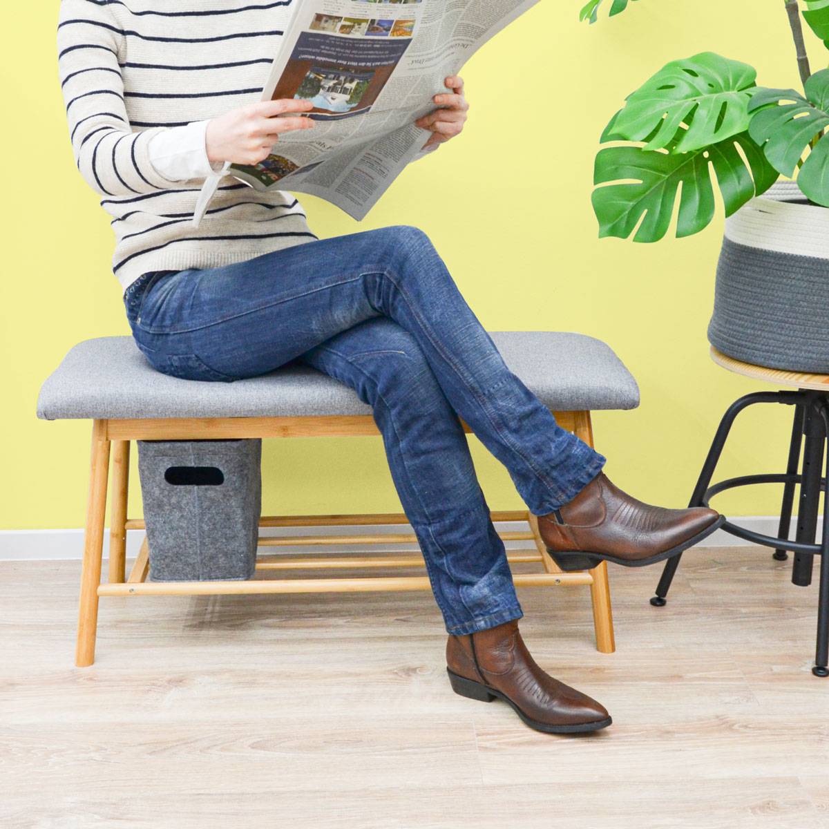 Nordic Sitzbank mit 3 Filzkörben 90x34x44 Bambus Schuhbank Holz Bank für Flur