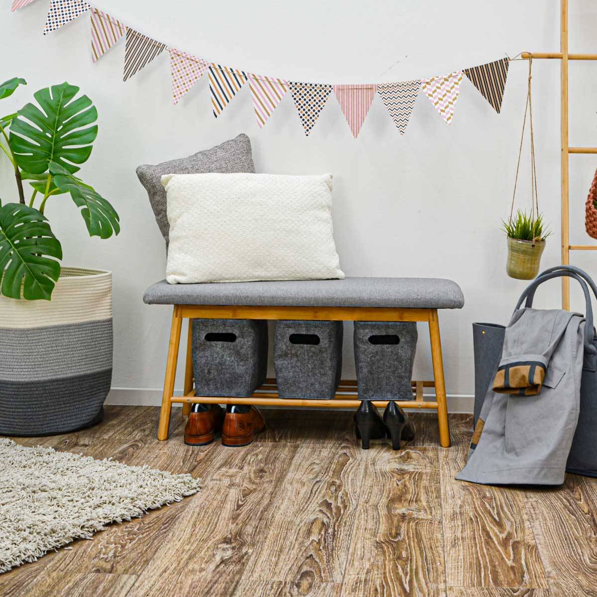 Nordic Sitzbank mit 3 Filzkörben 90x34x44 Bambus Schuhbank Holz Bank für Flur