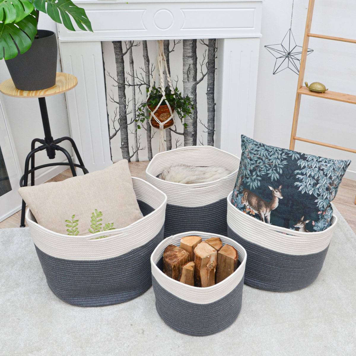 4er Baumwoll Seilkorb Set - Boho Aufbewahrungskorb Wäschekorb Kinderzimmer Rund