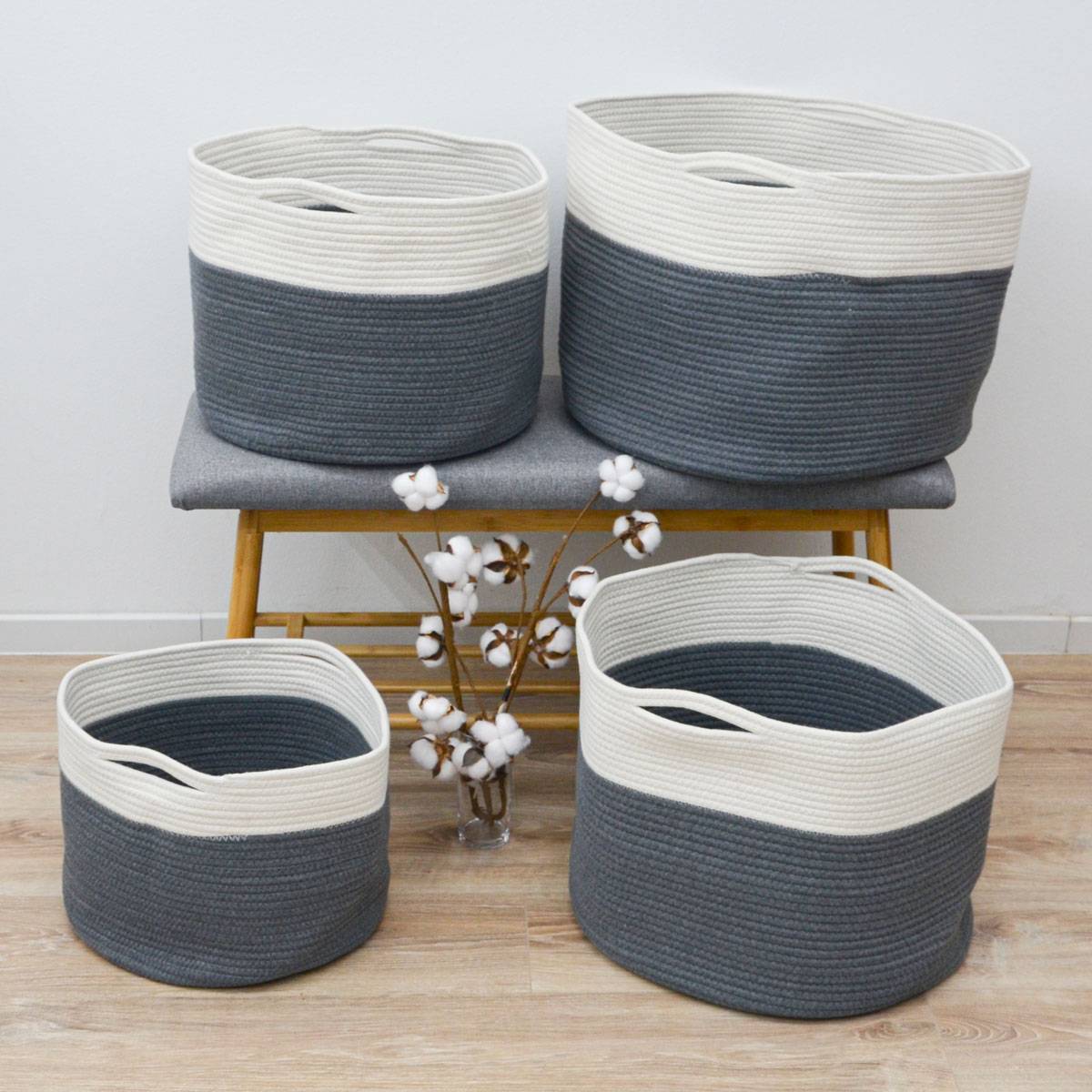 4er Baumwoll Seilkorb Set - Boho Aufbewahrungskorb Wäschekorb Kinderzimmer Rund