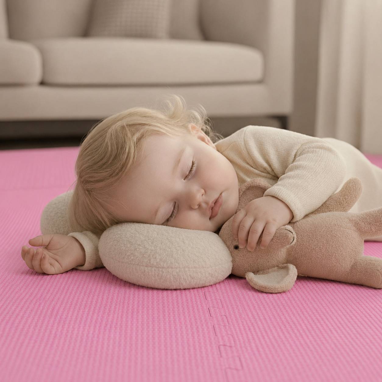 Ein schlafendes Kleinkind, das auf einer rosa Matte liegt, seinen Kopf auf einem Kissen ruht und einen Teddy bär in einem ruhigen Wohnzimmer umarmt.