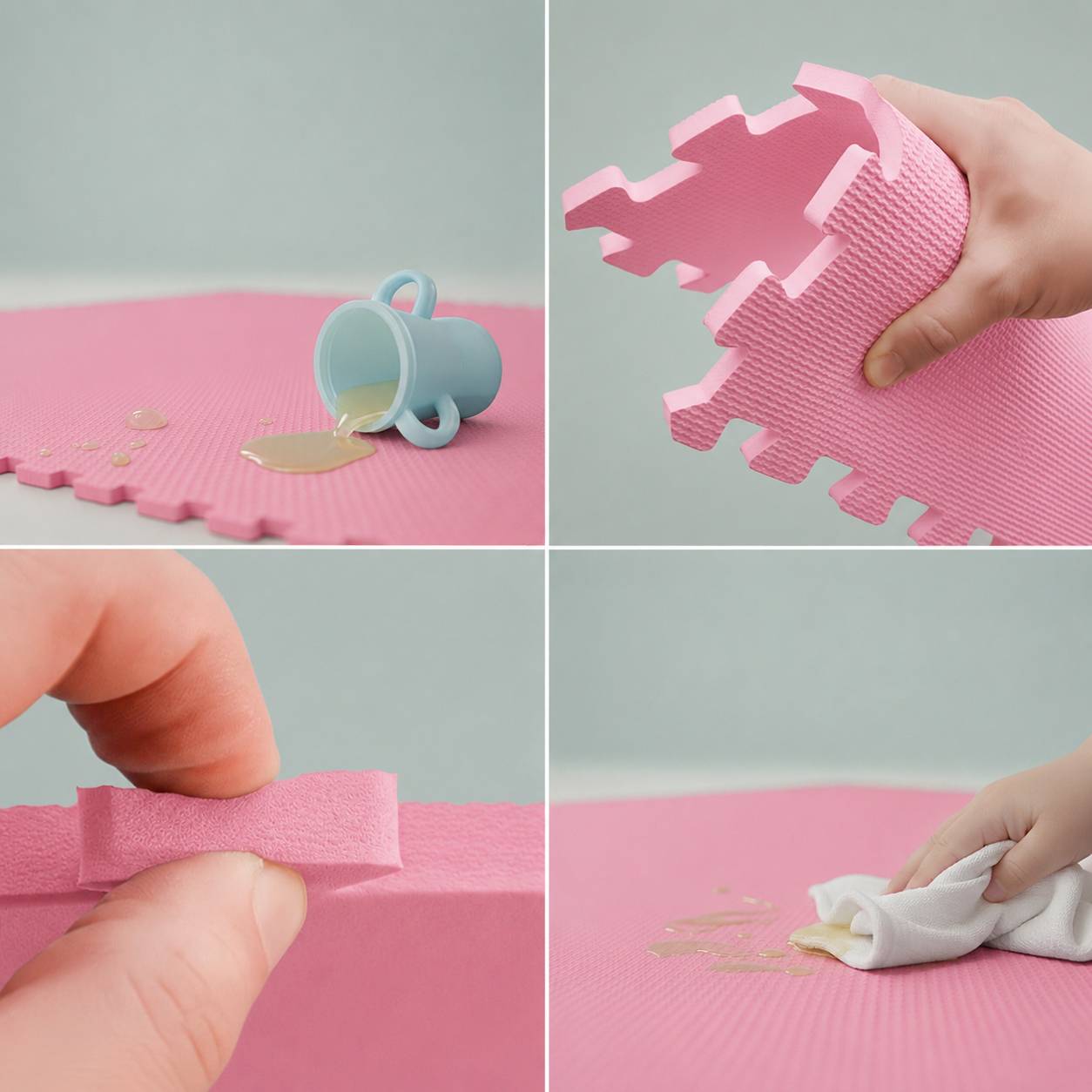 Vierteiliges Bild, das zeigt, wie eine rosa Schaumstoff-Spielmatte verschüttet wird, auseinandergezogen und mit einem Tuch sauber gewischt wird.