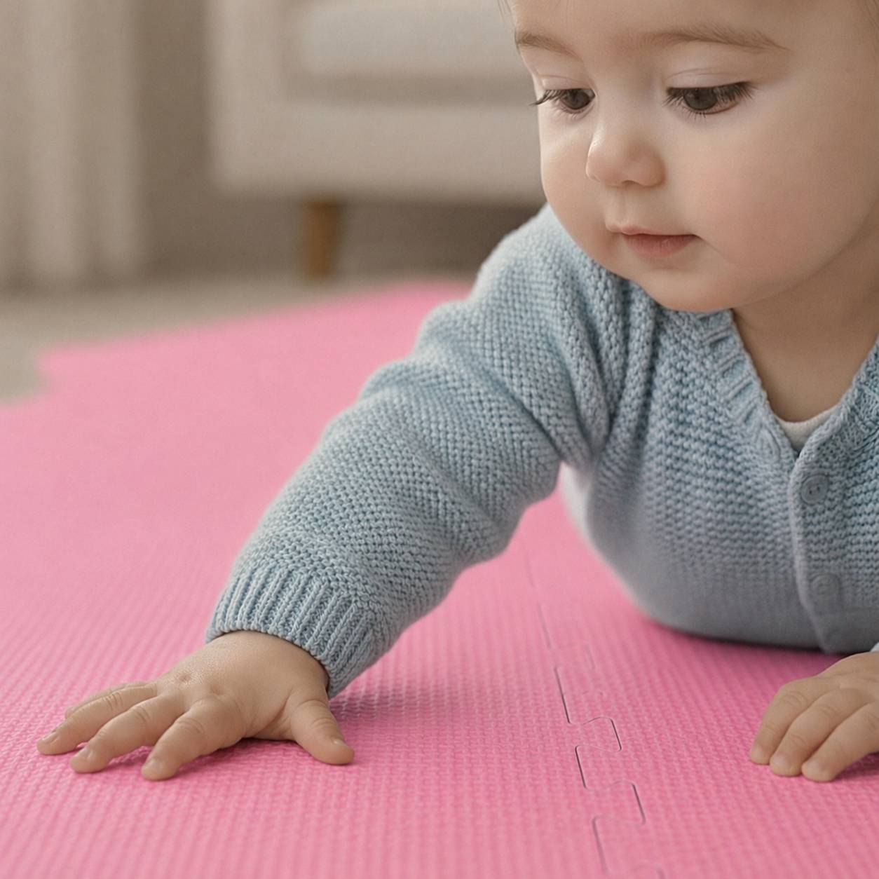 Ein Baby in einem blauen Pullover kriecht auf einer rosa Matte und streckt eine Hand nach vorne.