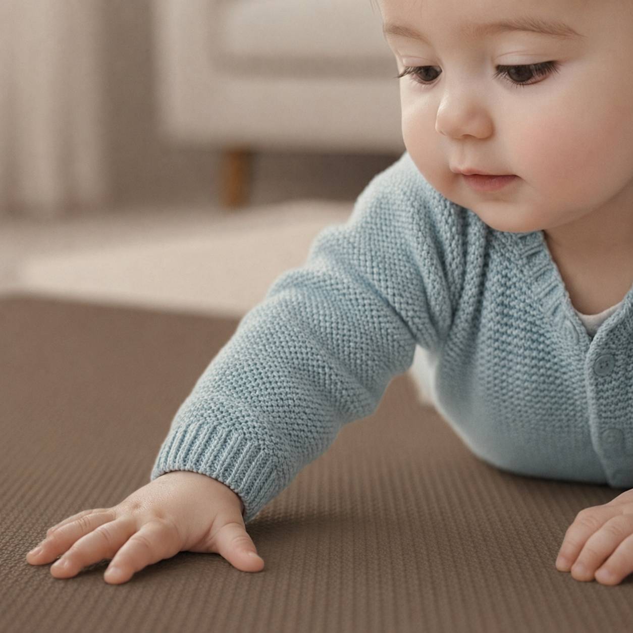 Nahaufnahme eines Babys in einem blauen Pullover, das auf einer Matte im Innenbereich krabbelt und sich danach streckt.