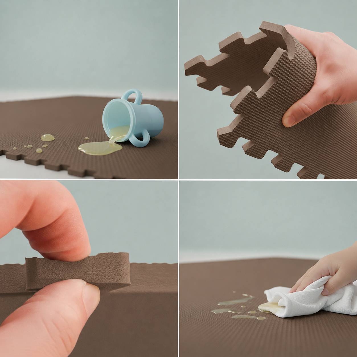 Collage zeigt eine strukturierte Schaumstoffmatte, die Flüssigkeitsverschüttungen aufnimmt, mit einer Hand, die ineinandergreifende Puzzleteilkanten verbindet, und einem Tuch, das eine Verschüttung abwischt.