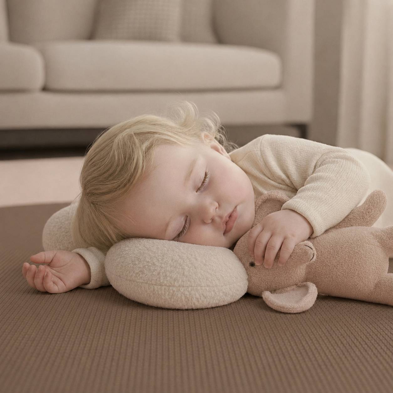 Schlafendes Kleinkind, das einen Teddy im Arm hält, auf einer weichen Matte in einem gemütlichen Wohnzimmer.