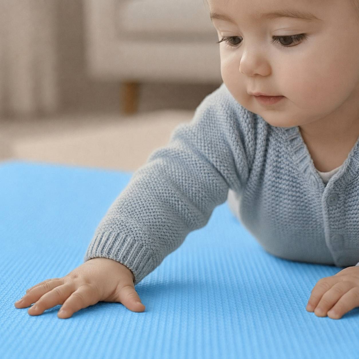 Baby in einem hellblauen Pullover greift auf einer blauen Matte, konzentriert nach unten in einer Nahaufnahme einer Innenszene.