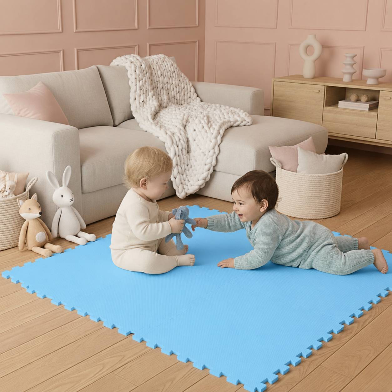 Zwei Kleinkinder spielen auf einer blauen Schaumstoffmatte in einem pastellfarbenen Wohnzimmer und greifen nach einem Spielzeug neben einem Sofa und Stoffhasen.