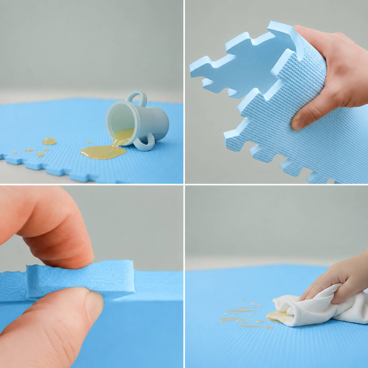 Vierpanel-Bild, das Schäden und Reparatur einer Schaumstoffmatte zeigt: verschüttete Flüssigkeit, Puzzleteile, die gehalten werden, ein Riss, der zusammengepresst wird, und ein Tuch, das eine Verschüttung abwischt.
