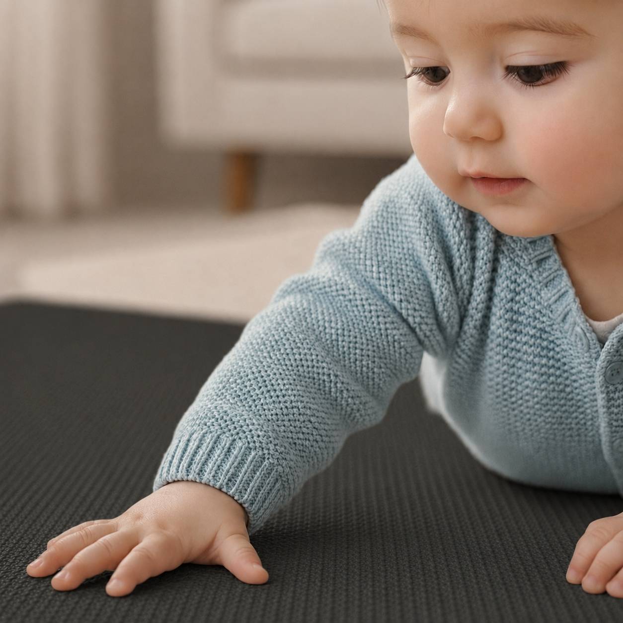 Nahaufnahme eines Babys in einem blauen Pullover, das drinnen nach vorne greift und eine dunkle Matte berührt.