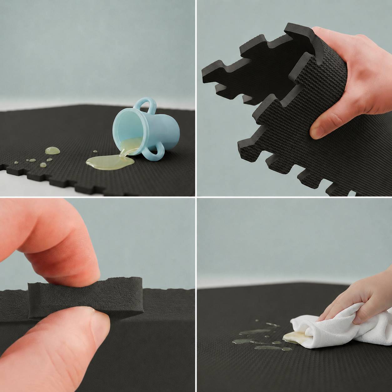 Eine Collage zeigt eine verschüttungsfeste schwarze Schaumstoffmatte und entfernbare puzzleteile-ähnliche Randstücke, die gerade gehandhabt werden; ein umgestürztes Glas verschüttet Flüssigkeit, die dann abgewischt wird.