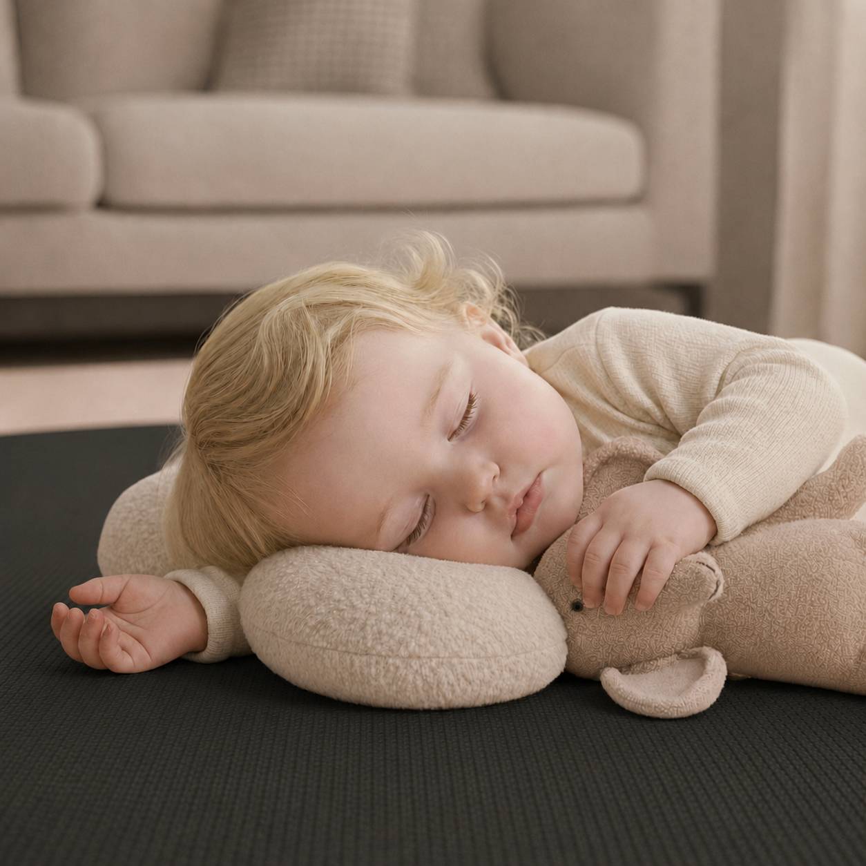 Ein schlafendes Kleinkind, das auf einem beigen, kuscheligen Teddybär-Kissen auf einer dunklen Matte in einem Wohnzimmer ruht.