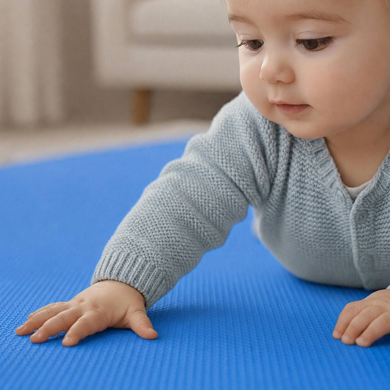 Ein Baby in einem hellblauen Pullover, das auf einer blauen Bodenmatte krabbelt und greift.