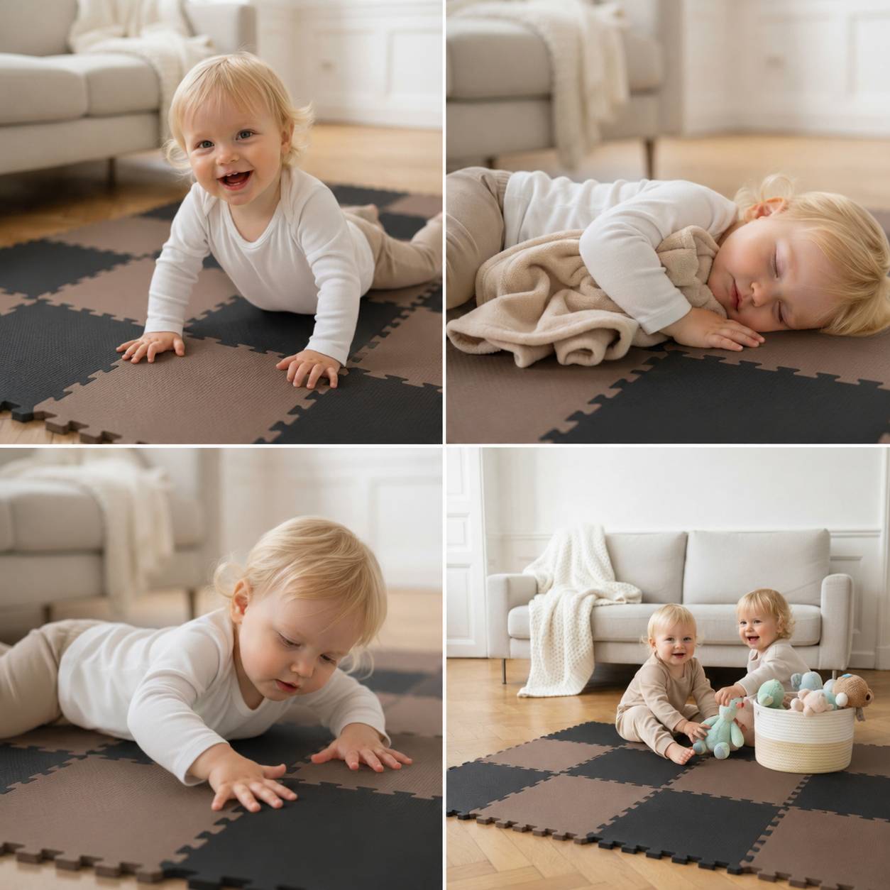Vierteiliges Fotomosaik von Kleinkindern auf Schaumstoffmatten: kriechend, schlafend, nach der Matte greifend und sitzend mit Spielzeug in einem hellen Wohnzimmer.