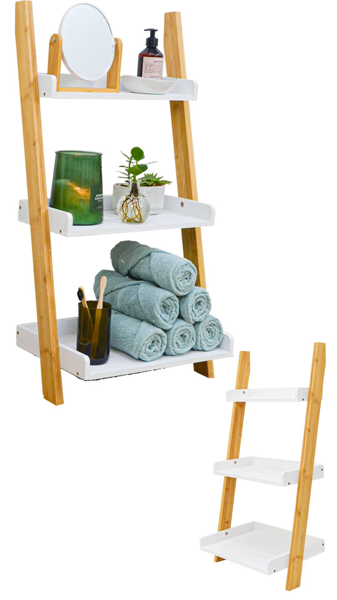 3 Fächer Bambus Leiterregal - 45x90 Badezimmer Regal Holz Leiter Deko Treppe Bad