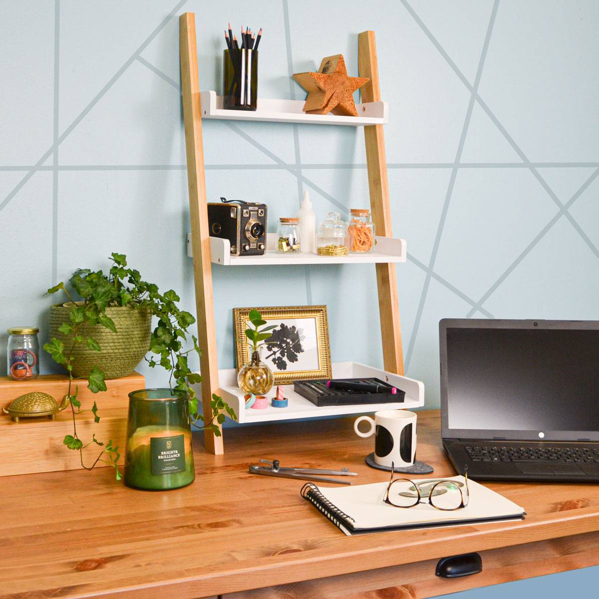 3 Fächer Bambus Leiterregal - 45x90 Badezimmer Regal Holz Leiter Deko Treppe Bad